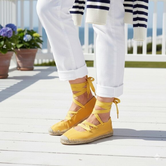 Polo Ralph Lauren Espadrilles Women US 8 Yellow Lace Up Flat Jute Canvas Preppy - Picture 1 of 16